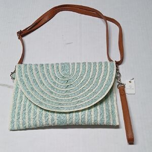Styline Blue & White Woven Straw Bag Purse Clutch Wristlet Shoulder Crossbody
